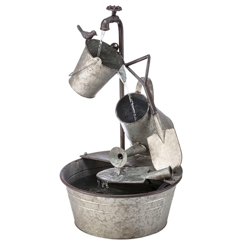 Alpine Corporation YHL106 Outdoor Floor 3-Tiered Metal Garden Tools Water Fountain, Tools and Faucet Waterfall, 28", Gray