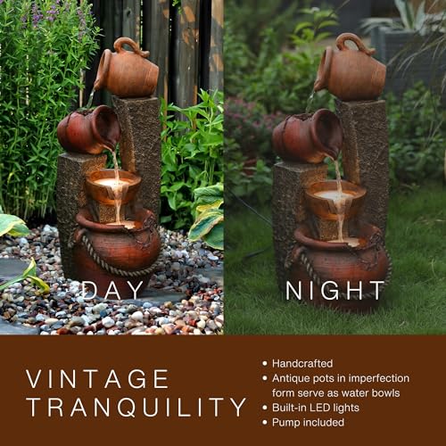 LuxenHome 32 Inch Outdoor Water Fountain, Cascading Pitchers Farmhouse Outdoor Fountains and Waterfalls with LED Lights, Water Fountain Outdoor Patio Decor, Waterfall Fountain Indoor and Outdoor
