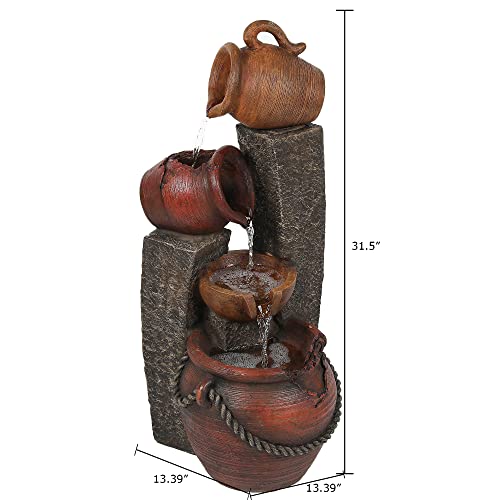 LuxenHome 32 Inch Outdoor Water Fountain, Cascading Pitchers Farmhouse Outdoor Fountains and Waterfalls with LED Lights, Water Fountain Outdoor Patio Decor, Waterfall Fountain Indoor and Outdoor