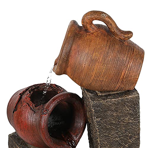 LuxenHome 32 Inch Outdoor Water Fountain, Cascading Pitchers Farmhouse Outdoor Fountains and Waterfalls with LED Lights, Water Fountain Outdoor Patio Decor, Waterfall Fountain Indoor and Outdoor