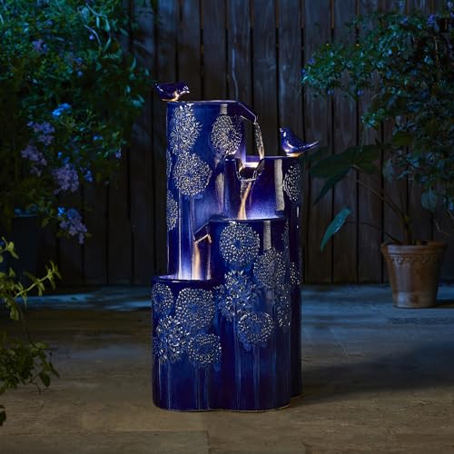 Glitzhome 31.75" H Outdoor Water Fountain with LED Lights and Pump, 4 Tier Dandelion Texture Vase Shaped Ceramic Floor Standing Fountain with Birds for Porch Deck Garden Patio Backyard, Cobalt Blue