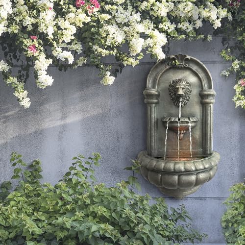 Teamson Home 32.1 in. Wall-Mounted Lion Head Stone LED Outdoor Water Fountain for Gardens, Landscaping, Patios, Balconies, Lawns to Create a Calming Oasis in Outdoor Living Spaces, Antique Bronze
