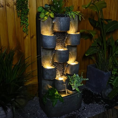 Tankana Outdoor Water Fountain Garden - Waterfall Fountains Outdoor with LED Lights & Pump, Concrete Artistry Modern Style with LED Lights for Patio Yard Pool pood Home Decor, 45 inches Tall