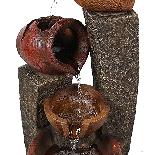 LuxenHome 32 Inch Outdoor Water Fountain, Cascading Pitchers Farmhouse Outdoor Fountains and Waterfalls with LED Lights, Water Fountain Outdoor Patio Decor, Waterfall Fountain Indoor and Outdoor