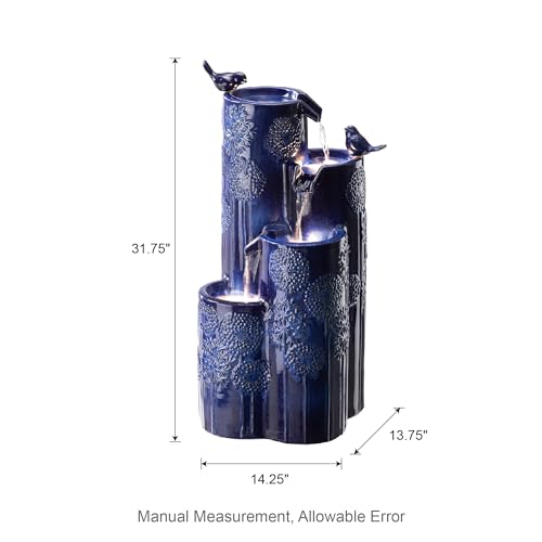 Glitzhome 31.75" H Outdoor Water Fountain with LED Lights and Pump, 4 Tier Dandelion Texture Vase Shaped Ceramic Floor Standing Fountain with Birds for Porch Deck Garden Patio Backyard, Cobalt Blue