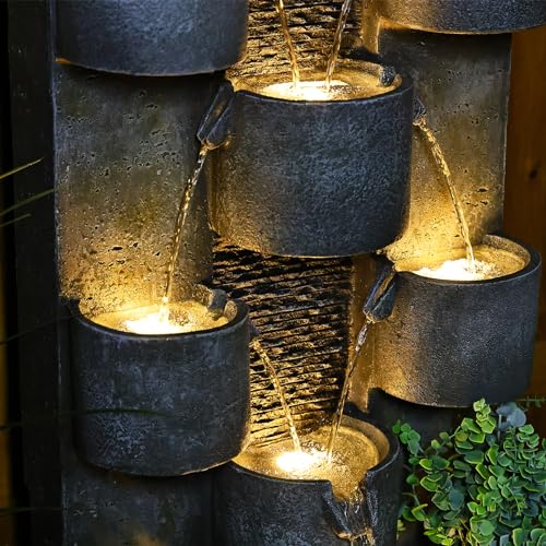 Tankana Outdoor Water Fountain Garden - Waterfall Fountains Outdoor with LED Lights & Pump, Concrete Artistry Modern Style with LED Lights for Patio Yard Pool pood Home Decor, 45 inches Tall