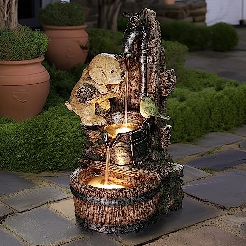 LuxenHome Water Fountain Outdoor, Puppy at The Farmhouse Faucet Resin Outdoor Fountains, 25" Water Fountains with LED Light, Garden Water Fountains Outdoor
