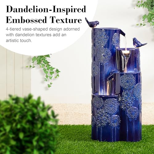 Glitzhome 31.75" H Outdoor Water Fountain with LED Lights and Pump, 4 Tier Dandelion Texture Vase Shaped Ceramic Floor Standing Fountain with Birds for Porch Deck Garden Patio Backyard, Cobalt Blue