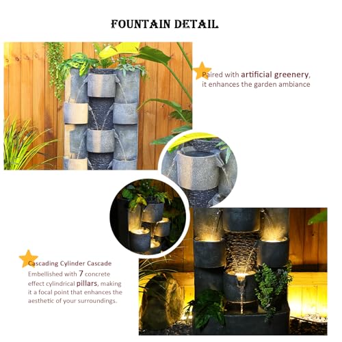Tankana Outdoor Water Fountain Garden - Waterfall Fountains Outdoor with LED Lights & Pump, Concrete Artistry Modern Style with LED Lights for Patio Yard Pool pood Home Decor, 45 inches Tall