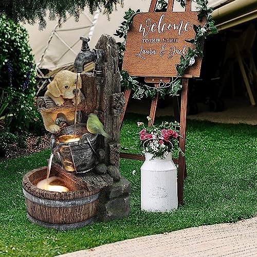 LuxenHome Water Fountain Outdoor, Puppy at The Farmhouse Faucet Resin Outdoor Fountains, 25" Water Fountains with LED Light, Garden Water Fountains Outdoor