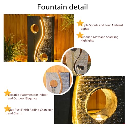 Tankana 47 inches Water Fountain Outdoor Garden - Waterfall Indoor Modern Large Freestanding Water Feature Fountains Faux Rust Finish with LED Lights for Patio Yard Pool Home Decor