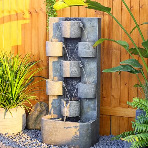 Tankana Outdoor Water Fountain Garden - Waterfall Fountains Outdoor with LED Lights & Pump, Concrete Artistry Modern Style with LED Lights for Patio Yard Pool pood Home Decor, 45 inches Tall