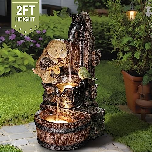 LuxenHome Water Fountain Outdoor, Puppy at The Farmhouse Faucet Resin Outdoor Fountains, 25" Water Fountains with LED Light, Garden Water Fountains Outdoor