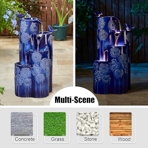 Glitzhome 31.75" H Outdoor Water Fountain with LED Lights and Pump, 4 Tier Dandelion Texture Vase Shaped Ceramic Floor Standing Fountain with Birds for Porch Deck Garden Patio Backyard, Cobalt Blue
