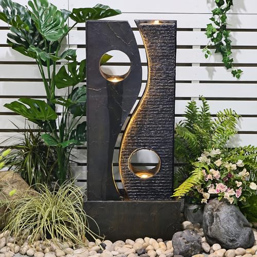 Tankana 47 inches Water Fountain Outdoor Garden - Waterfall Indoor Modern Large Freestanding Water Feature Fountains Faux Rust Finish with LED Lights for Patio Yard Pool Home Decor