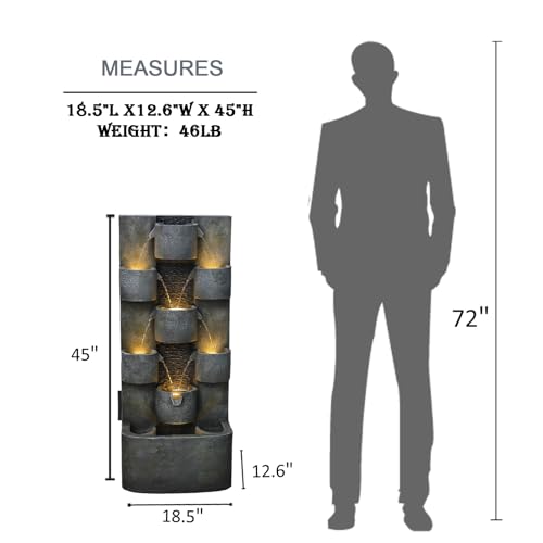 Tankana Outdoor Water Fountain Garden - Waterfall Fountains Outdoor with LED Lights & Pump, Concrete Artistry Modern Style with LED Lights for Patio Yard Pool pood Home Decor, 45 inches Tall