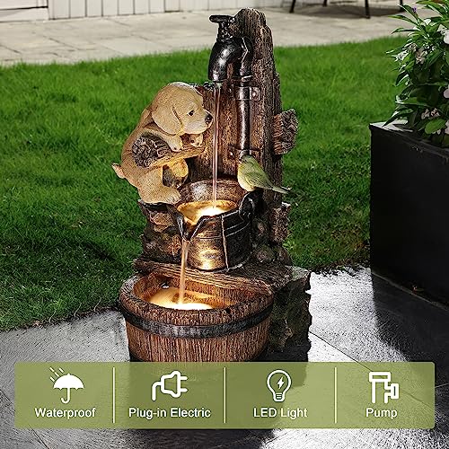 LuxenHome Water Fountain Outdoor, Puppy at The Farmhouse Faucet Resin Outdoor Fountains, 25" Water Fountains with LED Light, Garden Water Fountains Outdoor
