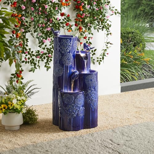 Glitzhome 31.75" H Outdoor Water Fountain with LED Lights and Pump, 4 Tier Dandelion Texture Vase Shaped Ceramic Floor Standing Fountain with Birds for Porch Deck Garden Patio Backyard, Cobalt Blue