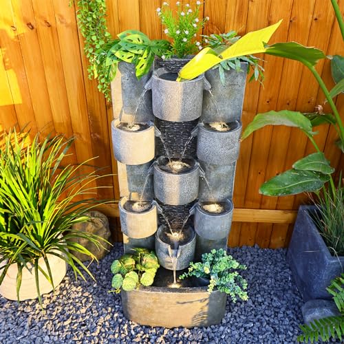 Tankana Outdoor Water Fountain Garden - Waterfall Fountains Outdoor with LED Lights & Pump, Concrete Artistry Modern Style with LED Lights for Patio Yard Pool pood Home Decor, 45 inches Tall