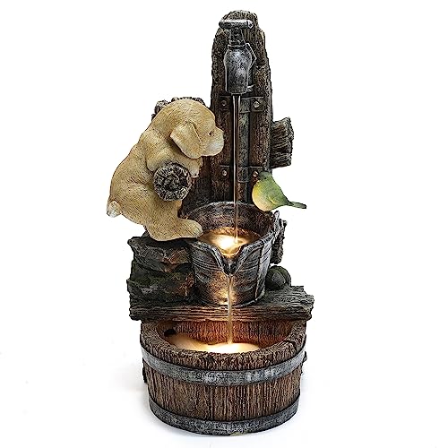 LuxenHome Water Fountain Outdoor, Puppy at The Farmhouse Faucet Resin Outdoor Fountains, 25" Water Fountains with LED Light, Garden Water Fountains Outdoor