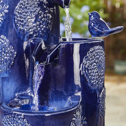 Glitzhome 31.75" H Outdoor Water Fountain with LED Lights and Pump, 4 Tier Dandelion Texture Vase Shaped Ceramic Floor Standing Fountain with Birds for Porch Deck Garden Patio Backyard, Cobalt Blue