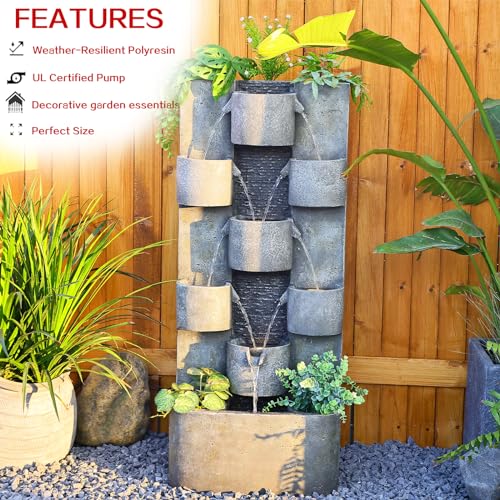 Tankana Outdoor Water Fountain Garden - Waterfall Fountains Outdoor with LED Lights & Pump, Concrete Artistry Modern Style with LED Lights for Patio Yard Pool pood Home Decor, 45 inches Tall
