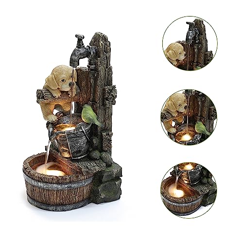 LuxenHome Water Fountain Outdoor, Puppy at The Farmhouse Faucet Resin Outdoor Fountains, 25" Water Fountains with LED Light, Garden Water Fountains Outdoor