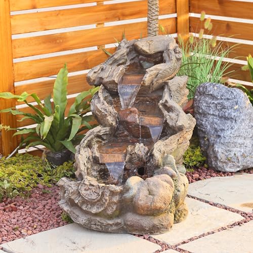 Bumilgar Garden Outdoor Water Fountain - 42.1 Inches Cascading Tiered Wood River Outdoor Fountain with LED Lights and Pumps for Garden, Patio, Backyard, Deck, Porch, Pond and Home Art Decor