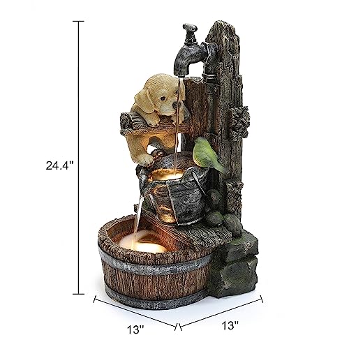 LuxenHome Water Fountain Outdoor, Puppy at The Farmhouse Faucet Resin Outdoor Fountains, 25" Water Fountains with LED Light, Garden Water Fountains Outdoor