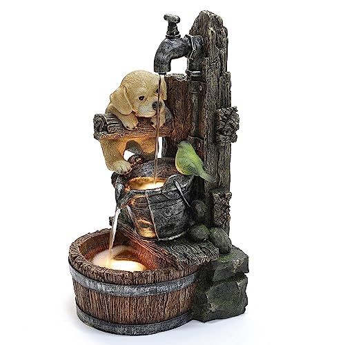 LuxenHome Water Fountain Outdoor, Puppy at The Farmhouse Faucet Resin Outdoor Fountains, 25" Water Fountains with LED Light, Garden Water Fountains Outdoor