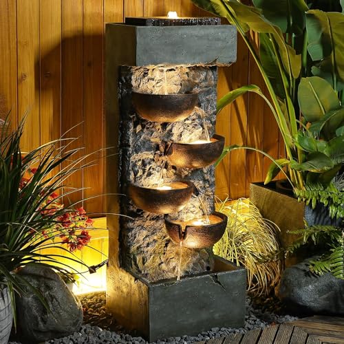 Sunlinua Garden Water Fountain Cascading Bowl Waterfalls Fountain Floor Standing Water Fountains with LED Lights, Pump, Natural Stones for Garden, Living Room, Patio, 43in Height