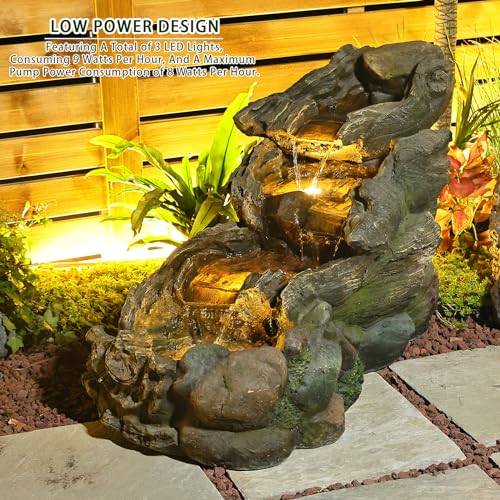 Bumilgar Garden Outdoor Water Fountain - 42.1 Inches Cascading Tiered Wood River Outdoor Fountain with LED Lights and Pumps for Garden, Patio, Backyard, Deck, Porch, Pond and Home Art Decor