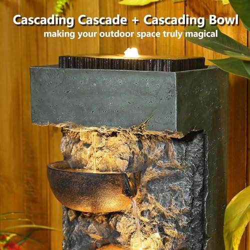 Sunlinua Garden Water Fountain Cascading Bowl Waterfalls Fountain Floor Standing Water Fountains with LED Lights, Pump, Natural Stones for Garden, Living Room, Patio, 43in Height