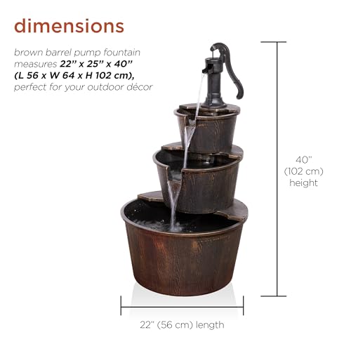 Alpine Corporation TEC234BR Outdoor Floor Tiered Rustic Pump and Barrel Water Fountain, Old-Fashioned Waterfall, 40", Brown