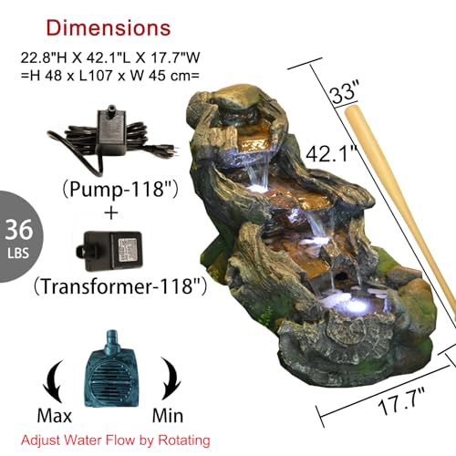 Bumilgar Garden Outdoor Water Fountain - 42.1 Inches Cascading Tiered Wood River Outdoor Fountain with LED Lights and Pumps for Garden, Patio, Backyard, Deck, Porch, Pond and Home Art Decor