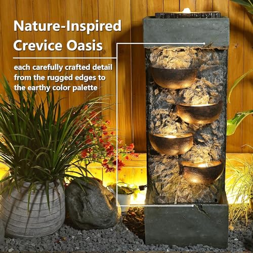 Sunlinua Garden Water Fountain Cascading Bowl Waterfalls Fountain Floor Standing Water Fountains with LED Lights, Pump, Natural Stones for Garden, Living Room, Patio, 43in Height