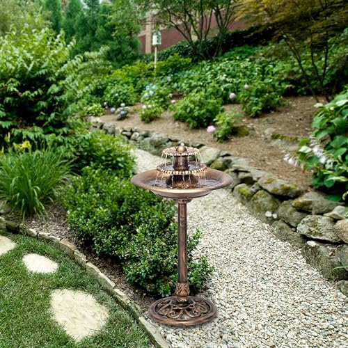 Alpine Corporation TEC106-BZ Outdoor Floor 3-Tiered Pedestal Water Fountain with Birdbath, Vintage Waterfall, 35", Bronze