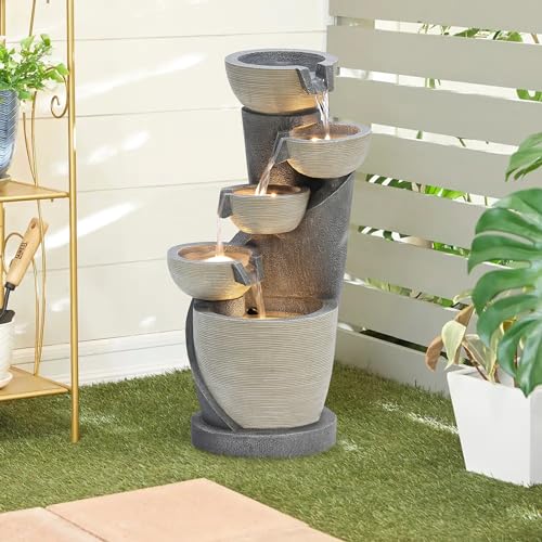 LuxenHome Small Water Fountain Outdoor, 23" Polyresin Modern Outdoor Water Fountains with LED Lights Garden Decor, Grey Modern Water Fountains Indoor and Outdoor, Garden Fountain Front Porch Decor…