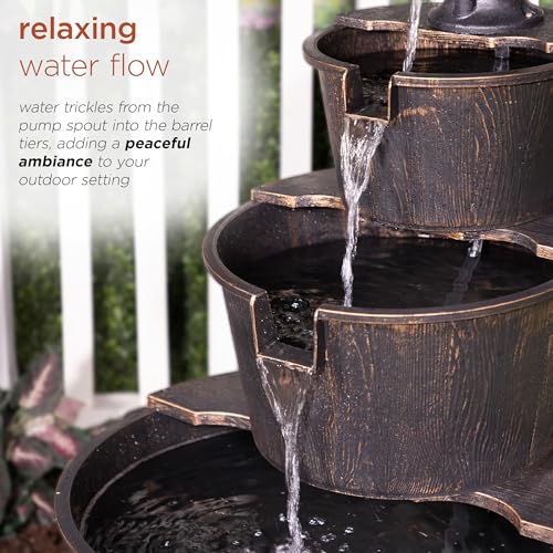 Alpine Corporation TEC234BR Outdoor Floor Tiered Rustic Pump and Barrel Water Fountain, Old-Fashioned Waterfall, 40", Brown