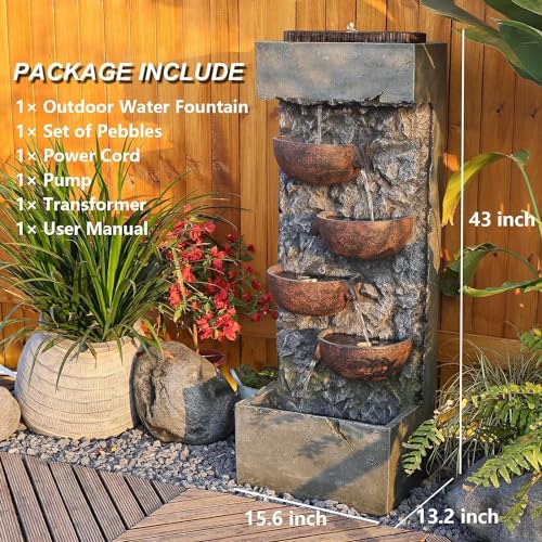 Sunlinua Garden Water Fountain Cascading Bowl Waterfalls Fountain Floor Standing Water Fountains with LED Lights, Pump, Natural Stones for Garden, Living Room, Patio, 43in Height