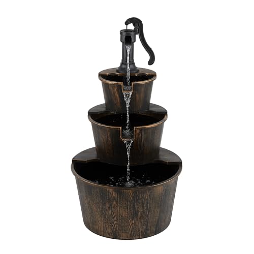 Alpine Corporation TEC234BR Outdoor Floor Tiered Rustic Pump and Barrel Water Fountain, Old-Fashioned Waterfall, 40", Brown