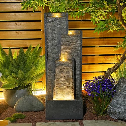 SERBILHOME Water Fountain Outdoor Water Fountain - Indoor Waterfall Fountain Floor Standing Outdoor Fountains with Led Lights and Pump 39.3” H Contemporary Curves Garden Fountain for Garden, Patio