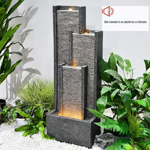 SERBILHOME Water Fountain Outdoor Water Fountain - Indoor Waterfall Fountain Floor Standing Outdoor Fountains with Led Lights and Pump 39.3” H Contemporary Curves Garden Fountain for Garden, Patio