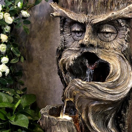 YZM Outdoor Floor Cascading Waterfall Tree Trunk Water Fountains Patio Porch Backyard Garden Fountain with LED Lights Pump 3 Tiers Water Feature 33.46 Inch Height