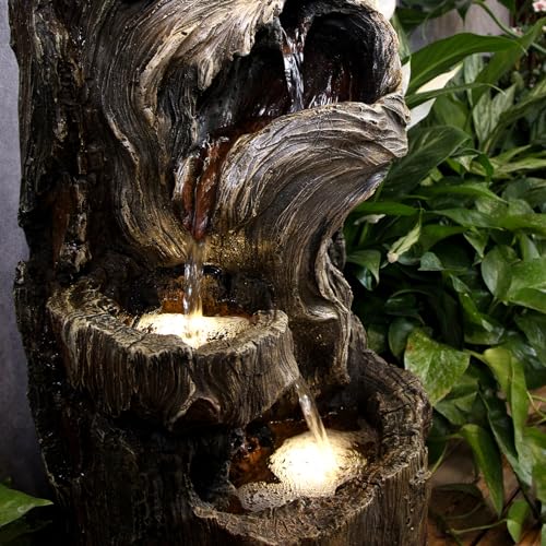 YZM Outdoor Floor Cascading Waterfall Tree Trunk Water Fountains Patio Porch Backyard Garden Fountain with LED Lights Pump 3 Tiers Water Feature 33.46 Inch Height