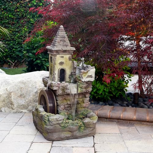 Alpine Corporation USA1164 Outdoor Floor Tiered Fairy Castle Waterwheel Water Fountain with Realistic Stone Look, 35", Brown