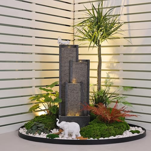 SERBILHOME Water Fountain Outdoor Water Fountain - Indoor Waterfall Fountain Floor Standing Outdoor Fountains with Led Lights and Pump 39.3” H Contemporary Curves Garden Fountain for Garden, Patio