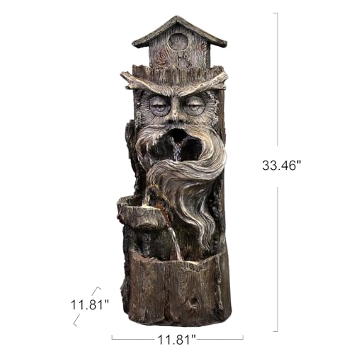 YZM Outdoor Floor Cascading Waterfall Tree Trunk Water Fountains Patio Porch Backyard Garden Fountain with LED Lights Pump 3 Tiers Water Feature 33.46 Inch Height