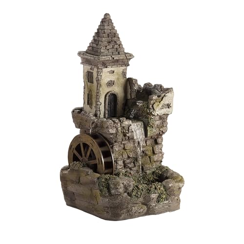 Alpine Corporation USA1164 Outdoor Floor Tiered Fairy Castle Waterwheel Water Fountain with Realistic Stone Look, 35", Brown
