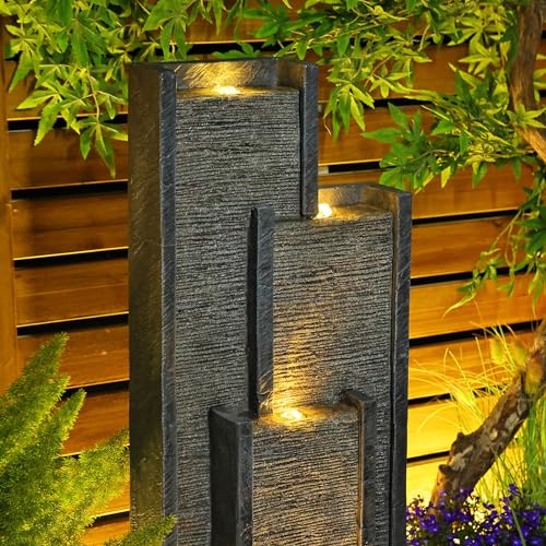 SERBILHOME Water Fountain Outdoor Water Fountain - Indoor Waterfall Fountain Floor Standing Outdoor Fountains with Led Lights and Pump 39.3” H Contemporary Curves Garden Fountain for Garden, Patio